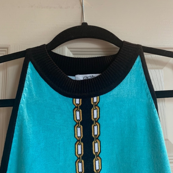 Cache Green/Black Print  Sleeveless Sweater sz M - Picture 2 of 5